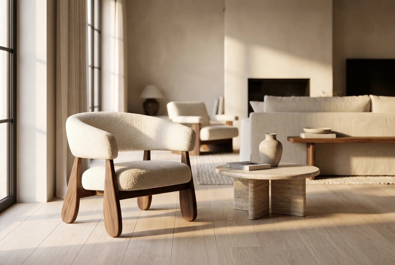 Ambiente de sala com poltrona de madeira e bouclé, luz natural rasante